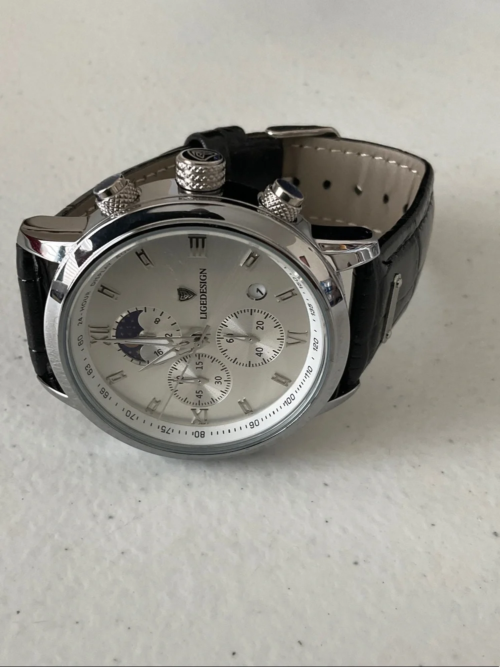 LIGEDESIGN Silver Chronograph Watch with Black Leather Strap